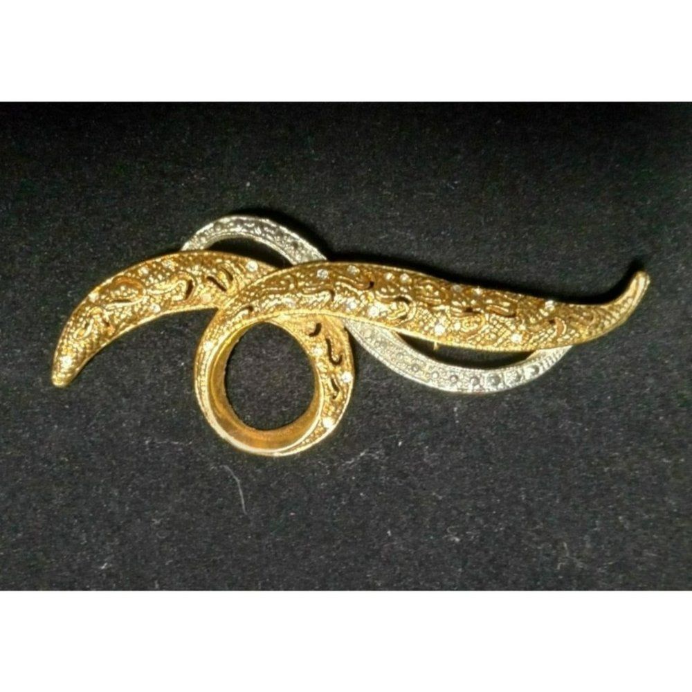 Vintage Avon Loop Brooch Pin Silver Tone and Gold Tone Clear‎ Rhinestones